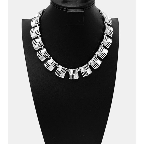 Vintage Coro 1950s Silver-Tone Geometric Necklace Textured Bar Links Hook Clasp - Picture 1 of 5